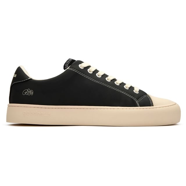 The GOOD NEWS Slimer delivers understated style with serious eco-credentials. These black court trainers combine a sleek bio plant and suede upper with the brand's signature round toe shape for a distinctive silhouette. Comfort comes naturally with the breathable cushioned footbed and 100% recycled foam insole. The recycled rubber sole adds durability while minimizing environmental impact. With minimal branding, these versatile casual trainers offer sustainable style that works effortlessly with any outfit.