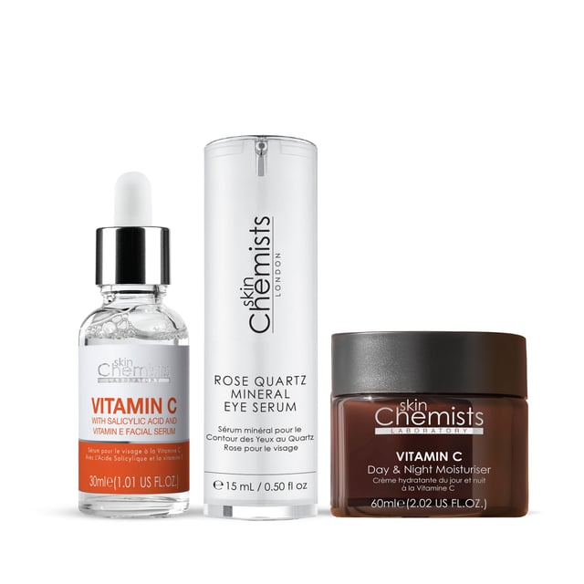 skinChemists Anti-Ageing Rose Quartz & Vitamin C Kit Revitalise your complexion with our Radiant Renewal Skincare Kit, designed specifically for dull, ageing, and tired skin. This expertly crafted kit combines the powerful benefits of Vitamin C, soothing Aloe Vera, and rejuvenating Bee Venom to restore your skin's vitality and glow. Achieve a luminous finish as Vitamin C brightens and evens skin tone, while Aloe Vera hydrates and nourishes for comfortable skin. The addition of Bee Venom promotes elasticity for a youthful appearance, making this lightweight and refreshing formula perfect for daily use. Suitable for all skin types, including sensitive skin, our vegan and cruelty-free kit is free from parabens, sulfates, and artificial fragrances. Apply daily for optimal results and experience the transformative difference!