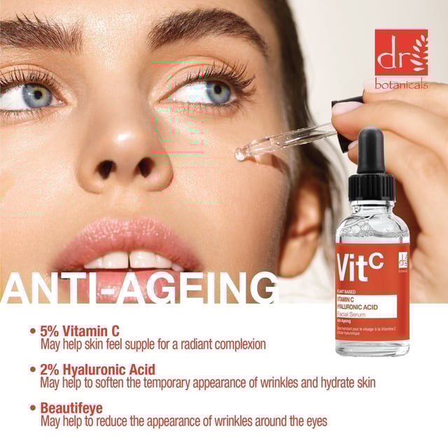 Dr Botanicals Vitamin C 5% & Hyaluronic Acid 2% Hydrating Facial Serum 30ml Revitalise your skin with our Revitalising Youth Serum, expertly crafted for dull, dehydrated, and ageing skin. This powerful serum combines the brightening benefits of Vitamin C, deep hydration from Hyaluronic Acid, and the age-defying properties of Beautifeye, ensuring a youthful, radiant complexion. Suitable for all skin types, including sensitive skin, our fast-absorbing, non-greasy formula is perfect for layering with your favorite moisturiser. Free from parabens, sulfates, and artificial fragrances, this vegan and cruelty-free serum is your ultimate solution for achieving smooth, hydrated skin and reducing the appearance of fine lines. Experience the transformation and embrace your natural glow!