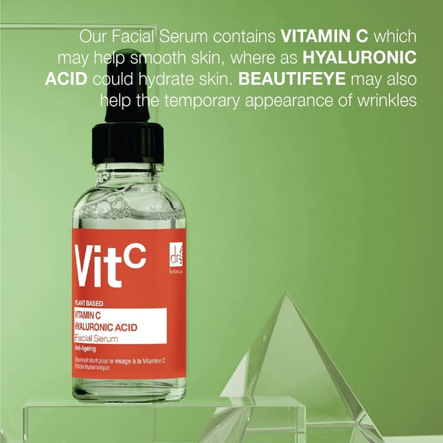 Dr Botanicals Vitamin C 5% & Hyaluronic Acid 2% Hydrating Facial Serum 30ml Revitalise your skin with our Revitalising Youth Serum, expertly crafted for dull, dehydrated, and ageing skin. This powerful serum combines the brightening benefits of Vitamin C, deep hydration from Hyaluronic Acid, and the age-defying properties of Beautifeye, ensuring a youthful, radiant complexion. Suitable for all skin types, including sensitive skin, our fast-absorbing, non-greasy formula is perfect for layering with your favorite moisturiser. Free from parabens, sulfates, and artificial fragrances, this vegan and cruelty-free serum is your ultimate solution for achieving smooth, hydrated skin and reducing the appearance of fine lines. Experience the transformation and embrace your natural glow!