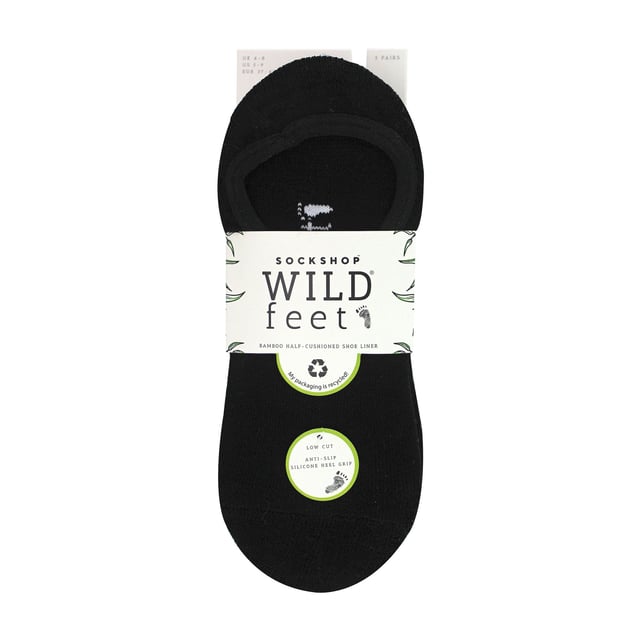 Wildfeet - 5 Pack Ladies Low Cut Shoe Liner Socks With Grips: Introducing the Wildfeet Ladies Low Cut Shoe Liners, the perfect blend of style, comfort, and functionality. These low cut trainer style liners are designed for the active woman on the go. Featuring non-slip silicone grippers that keep your feet firmly in place and cushioned soles that offer optimal comfort and support. Made from super soft bamboo fibres, these liners are gentle on your skin, making them great for those with sensitive skin. The moisture-wicking properties of the bamboo fibres keep your feet dry and fresh, even during the most intense workout sessions. . Wild Feet is a range of socks featuring cool designs, bold colours and quirky catchphrases - from pugs and penguins, to lions and llamas! Choose from a range of styles for men and ladies, from dress to trainer socks. There are even some sporty styles available!. These socks are available in Black or White. They come in one size: Ladies 4-8 UK, are made from 81% Viscose (from Bamboo), 17% Polyester, 2% Elastane and are machine washable. Extra Product Details: Ladies Wildfeet Shoe Liners Low Cut Style Bamboo Rich Fibres Cushioned Foot Great For Sensitive Skin Non Slip Silicone Grips Available in Black or White Moisture Wicking Soft & Breathable One Size: 4-8 UK Machine Washable
