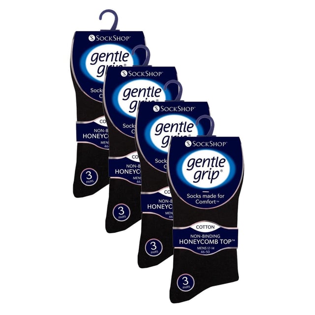 Gentle Grip - Mens 12 Value Pack Non Elastic Patterned Socks: If you're searching for a way to liven up your wardrobe and inject a burst of vibrancy, then these Gentle Grip Socks are just what you need. With loads of designs to choose from, like Plain, Argyle, Colourburst, Heel & Toe, and more. These socks are the perfect way to add personality to any outfit, while also providing the comfort and quality that Gentle Grip is known for. Indulge in luxurious comfort with Gentle Grip, crafted from premium quality cotton-rich yarn that feels as good as it looks. These socks are carefully designed to provide a superior fit that hugs your legs without causing any discomfort or unsightly constriction rings. The high-quality construction of these socks is built to last, ensuring that you can enjoy their softness and comfort for years to come. . These are available in 2 sizes: 6-11 UK & 12-14 UK, come in a range of great patterns and are a 12 pair value pack. They are made from: 76% Cotton, 19% Polyester, 3% Nylon, 2% Elastane and are Machine Washable. Extra Product Details: Men’s Gentle Grip Socks 12 Pair Value Pack Classic & Funky Patterns Bright Colour Options Non Elastic Top Soft Cotton Rich Fibres Soft Honeycomb Top Helps Aid Circulation Constructed With Care Over 20 Different Styles Available in 6-11 UK & 12-14 UK Machine Washable