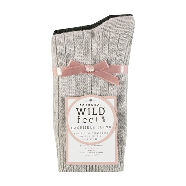 Wildfeet - Ladies 2 Pack Cashmere Bed Socks: In a soft, cosy blend including luxury cashmere, natural wool and viscose, these ladies’ Wildfeet Cashmere Socks are the ideal accompaniment to your day, whether you’re out walking around in the cold or snuggled up at home on the sofa. The mix of wool & viscose (from bamboo) fibres are used to make these socks more practical and durable than cashmere alone, but maintain its breathability, insulating and moisture-managing abilities. They also have a ribbed leg for added comfort, and come as a twin pack, have a medium gauge thickness and are in a crew length, making them a great choice for all your leisure shoes and boots, bringing a little extra luxury and comfort to your every outfit. These two pairs of Wildfeet Cashmere Socks come attractively wrapped with a satin ribbon bow, which makes them ideal for gifting to friends or family. . Wild Feet is a range of socks featuring cool designs, bold colours and quirky catchphrases - from pugs and penguins, to lions and llamas! . There are 14 colours to choose from. They come in one size Ladies 4-8 UK, are made from 37% Wool, 27% Viscose, 24% Polyamide, 11% Cashmere, 1% Elastane and are machine washable. Extra Product Details: Ladies Wildfeet Bed Socks Wool & Cashmere Blend Fibres 14 Great Colour Options Made For Relaxing Ribbed Legs 2 Pairs Per Pack A Great Gift Idea The Ideal Stocking Filler