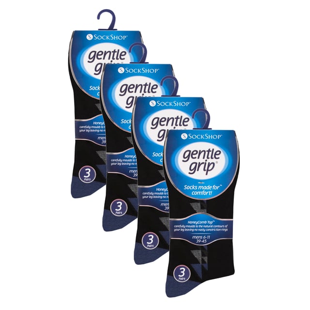 Gentle Grip - Mens 12 Value Pack Non Elastic Patterned Socks: If you're searching for a way to liven up your wardrobe and inject a burst of vibrancy, then these Gentle Grip Socks are just what you need. With loads of designs to choose from, like Plain, Argyle, Colourburst, Heel & Toe, and more. These socks are the perfect way to add personality to any outfit, while also providing the comfort and quality that Gentle Grip is known for. Indulge in luxurious comfort with Gentle Grip, crafted from premium quality cotton-rich yarn that feels as good as it looks. These socks are carefully designed to provide a superior fit that hugs your legs without causing any discomfort or unsightly constriction rings. The high-quality construction of these socks is built to last, ensuring that you can enjoy their softness and comfort for years to come. . These are available in 2 sizes: 6-11 UK & 12-14 UK, come in a range of great patterns and are a 12 pair value pack. They are made from: 76% Cotton, 19% Polyester, 3% Nylon, 2% Elastane and are Machine Washable. Extra Product Details: Men’s Gentle Grip Socks 12 Pair Value Pack Classic & Funky Patterns Bright Colour Options Non Elastic Top Soft Cotton Rich Fibres Soft Honeycomb Top Helps Aid Circulation Constructed With Care Over 20 Different Styles Available in 6-11 UK & 12-14 UK Machine Washable