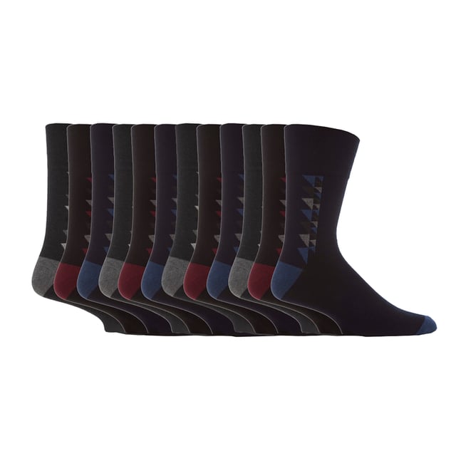 Gentle Grip - Mens 12 Value Pack Non Elastic Patterned Socks: If you're searching for a way to liven up your wardrobe and inject a burst of vibrancy, then these Gentle Grip Socks are just what you need. With loads of designs to choose from, like Plain, Argyle, Colourburst, Heel & Toe, and more. These socks are the perfect way to add personality to any outfit, while also providing the comfort and quality that Gentle Grip is known for. Indulge in luxurious comfort with Gentle Grip, crafted from premium quality cotton-rich yarn that feels as good as it looks. These socks are carefully designed to provide a superior fit that hugs your legs without causing any discomfort or unsightly constriction rings. The high-quality construction of these socks is built to last, ensuring that you can enjoy their softness and comfort for years to come. . These are available in 2 sizes: 6-11 UK & 12-14 UK, come in a range of great patterns and are a 12 pair value pack. They are made from: 76% Cotton, 19% Polyester, 3% Nylon, 2% Elastane and are Machine Washable. Extra Product Details: Men’s Gentle Grip Socks 12 Pair Value Pack Classic & Funky Patterns Bright Colour Options Non Elastic Top Soft Cotton Rich Fibres Soft Honeycomb Top Helps Aid Circulation Constructed With Care Over 20 Different Styles Available in 6-11 UK & 12-14 UK Machine Washable