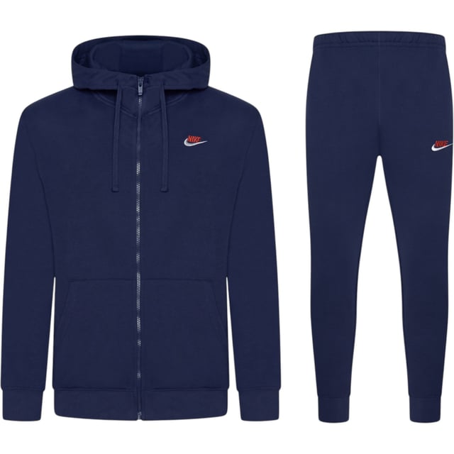 Nike Foundation Mens Tracksuit In Navy Layer up in this men's Foundation Tracksuit from Nike. In a Midnight Navy colourway,, this matching set includes a full zip hoodie and standard fit joggers, both made from soft brushed fleece for all-day comfort. The hoodie features an adjustable drawstring hood, full-zip fastening, ribbed trims, and a split kangaroo pocket for essential storage. The joggers come with an elastic waistband and adjustable drawcord for a custom fit, ribbed ankle cuffs to maintain shape, and side pockets for convenience. Finished with signature Nike Swoosh embroidery to the chest and thigh for a classic look.