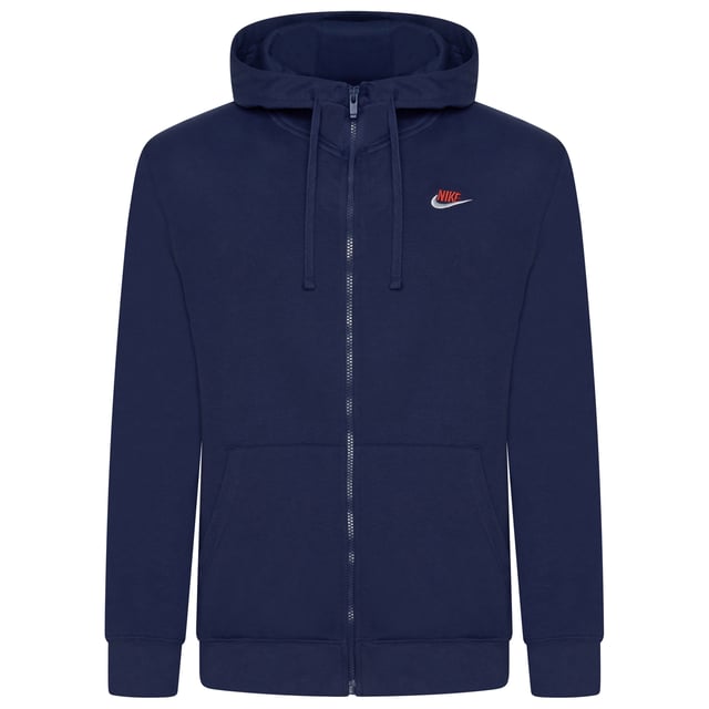 Nike Foundation Mens Tracksuit In Navy Layer up in this men's Foundation Tracksuit from Nike. In a Midnight Navy colourway,, this matching set includes a full zip hoodie and standard fit joggers, both made from soft brushed fleece for all-day comfort. The hoodie features an adjustable drawstring hood, full-zip fastening, ribbed trims, and a split kangaroo pocket for essential storage. The joggers come with an elastic waistband and adjustable drawcord for a custom fit, ribbed ankle cuffs to maintain shape, and side pockets for convenience. Finished with signature Nike Swoosh embroidery to the chest and thigh for a classic look.
