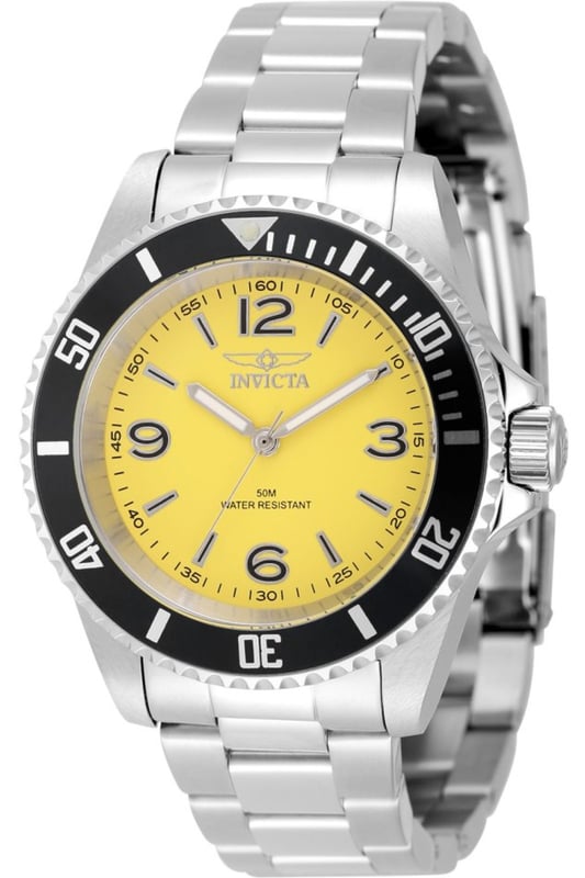 El Invicta 49345 tiene una caja de acero inoxidable de 40 millimetros con una esfera amarilla.
Esta modelo funciona con un movimiento de Cuarzo preciso.
Resistencia a la presión de aqua de 5 bares.
Este modelo es parte de la colección Invicta Specialty.

2 años de garantía Invicta.