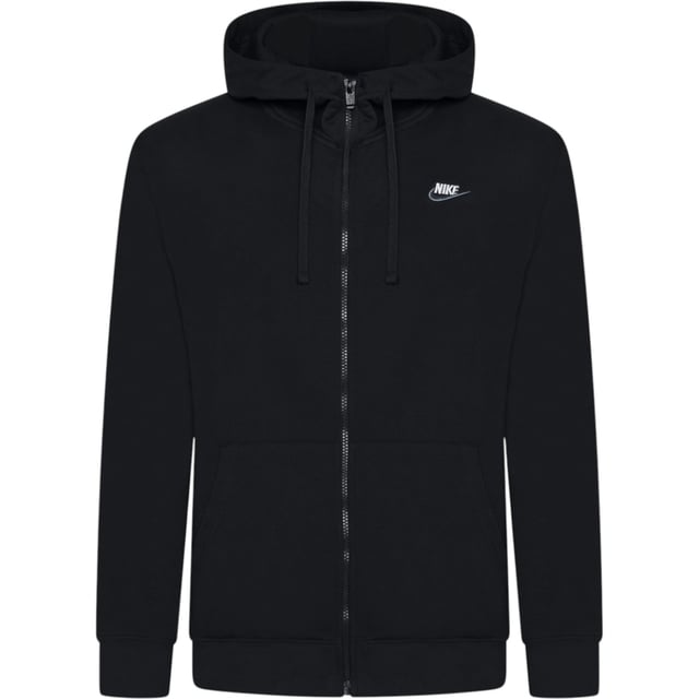 Layer up in this men's Foundation Full Zip Hoodie from Nike.  In a Black colourway, this relaxed-fit hoodie is made with soft brushed fleece for lasting comfort. It features a full-zip fastening with an adjustable drawstring through the hood for cosy coverage. It has stretchy ribbed trims to secure the fit, and a split kangaroo pocket up front to stash your essentials. Finished with signature Nike branding embroidered to the chest.