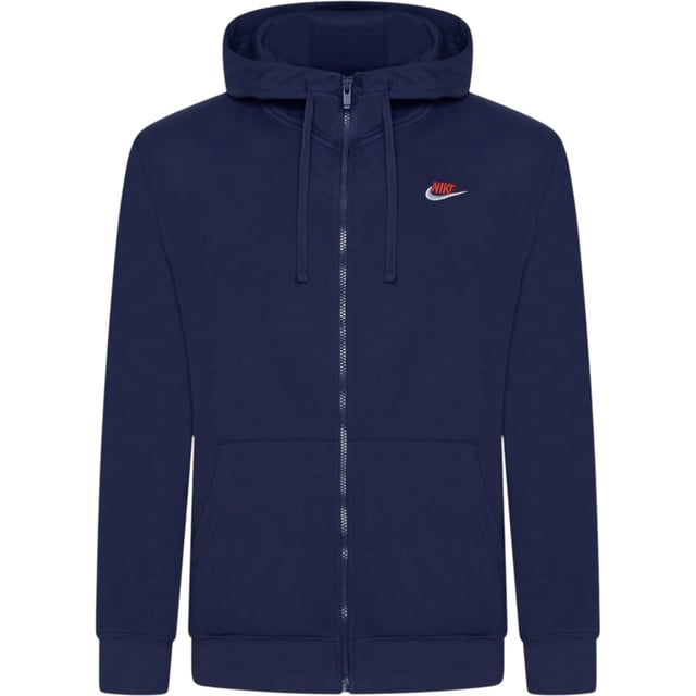 Nike Foundation Mens Hoodie In Navy Layer up in this men's Foundation Full Zip Hoodie from Nike. In a Midnight Navy colourway, this relaxed-fit hoodie is made with soft brushed fleece for lasting comfort. It features a full-zip fastening with an adjustable drawstring through the hood for cosy coverage. It has stretchy ribbed trims to secure the fit, and a split kangaroo pocket up front to stash your essentials. Finished with signature Nike branding embroidered to the chest.