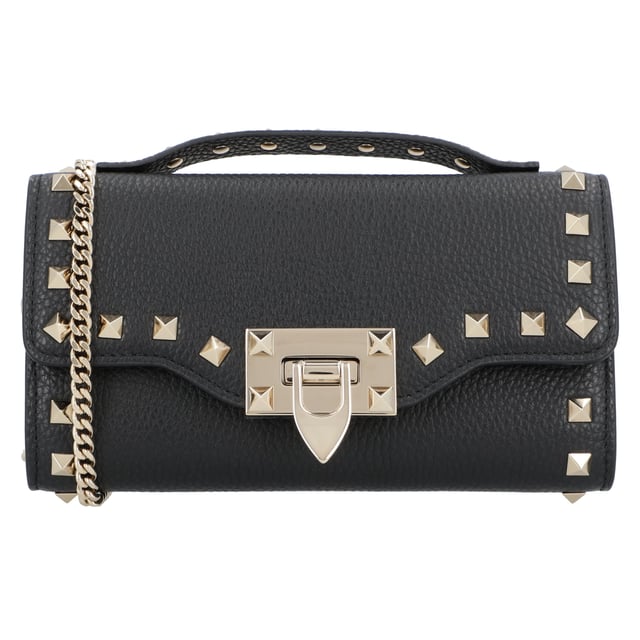 - Calfskin rockstud handbag by valentino garavani, grained leather design, beading made with the brand's iconic studs applied on front and back, front closure by swivel, iconic brand monogram printed in pressure and contrasting on back, removable chain shoulder strap, contrasting studded leather top handle.
- Made in Italy
- Dimensions: W 19 x H 10 x D 4 cm Measurments:  width: 40 mm length: 190 mm height: 100 mm