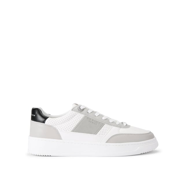 This Jude Sneaker is crafted from a grey and white leather alternative with perforation for breathability. The front laces up with a grey branded tab.