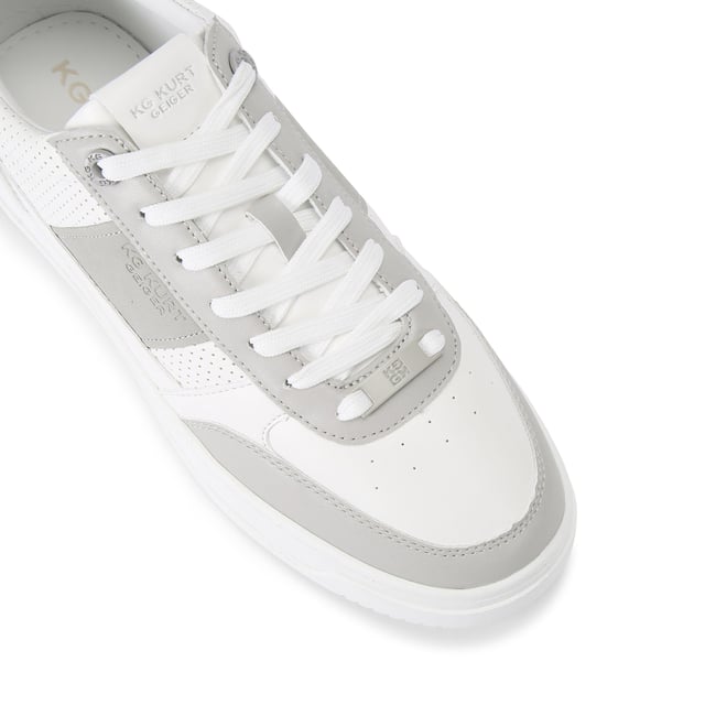 This Jude Sneaker is crafted from a grey and white leather alternative with perforation for breathability. The front laces up with a grey branded tab.