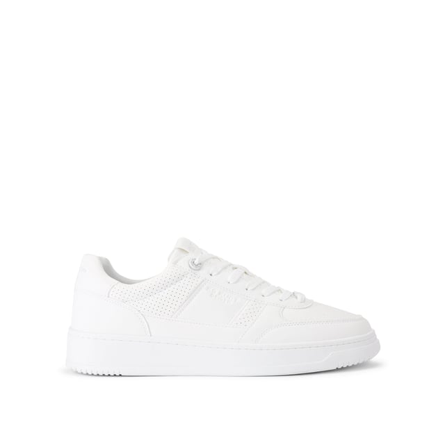 This Jude Sneaker is crafted from a white leather alternative with perforation for breathability. The front laces up with a white branded tab.