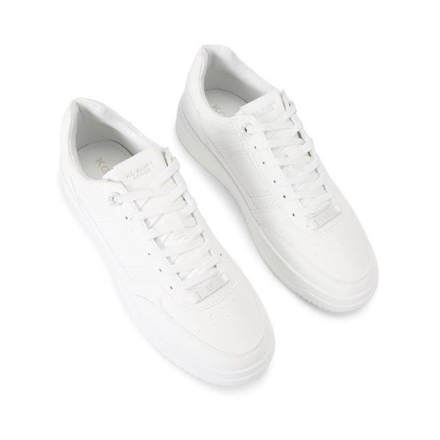 This Jude Sneaker is crafted from a white leather alternative with perforation for breathability. The front laces up with a white branded tab.