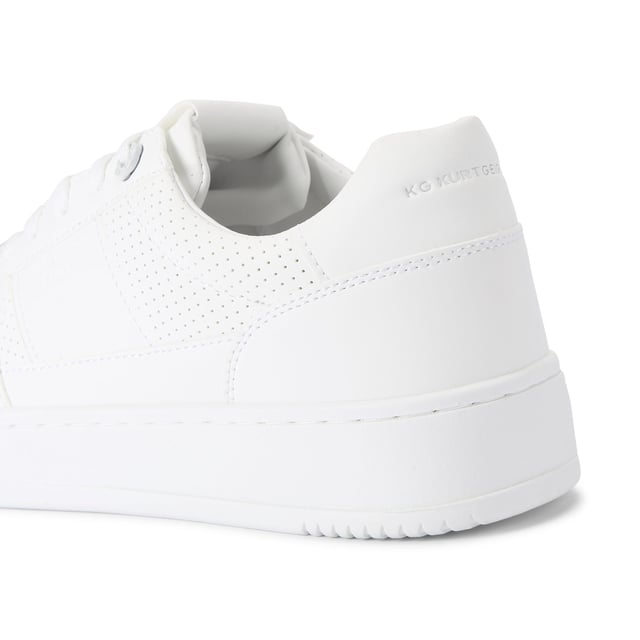 This Jude Sneaker is crafted from a white leather alternative with perforation for breathability. The front laces up with a white branded tab.
