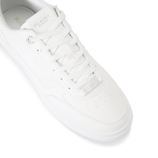 This Jude Sneaker is crafted from a white leather alternative with perforation for breathability. The front laces up with a white branded tab.