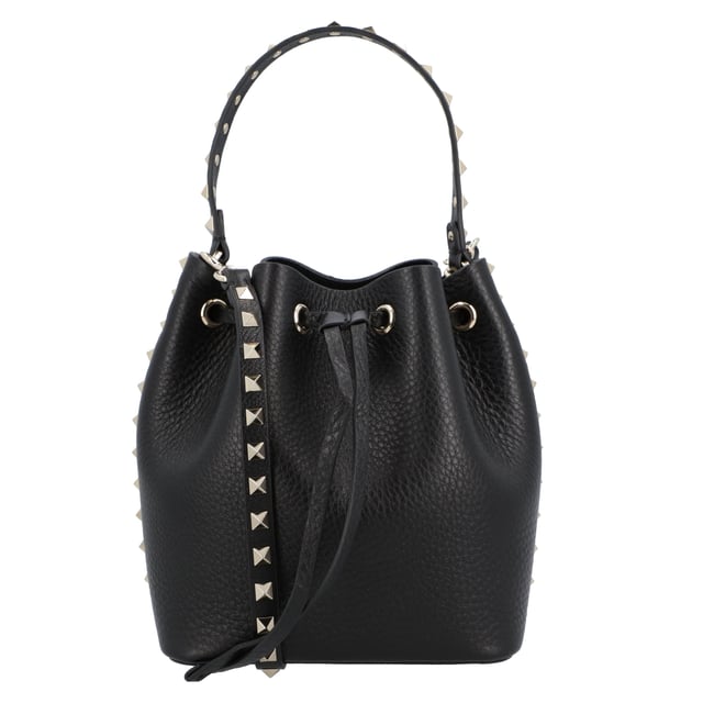 - Bucket bag in black leather
- Top handle
- Removable shoulder strap
- Iconic all-around studs
- Drawstring closure
- Gold logo print on the back
- Main inner compartment
- Made in Italy
- Dimensions: H 18 X W 16 X D 11 CM
- HANDLE DROP: 12 CM
- STRAP DROP: 53 CM Measurments:  width: 110 mm length: 160 mm height: 180 mm strap length: 530 mm handle drop: 120 mm