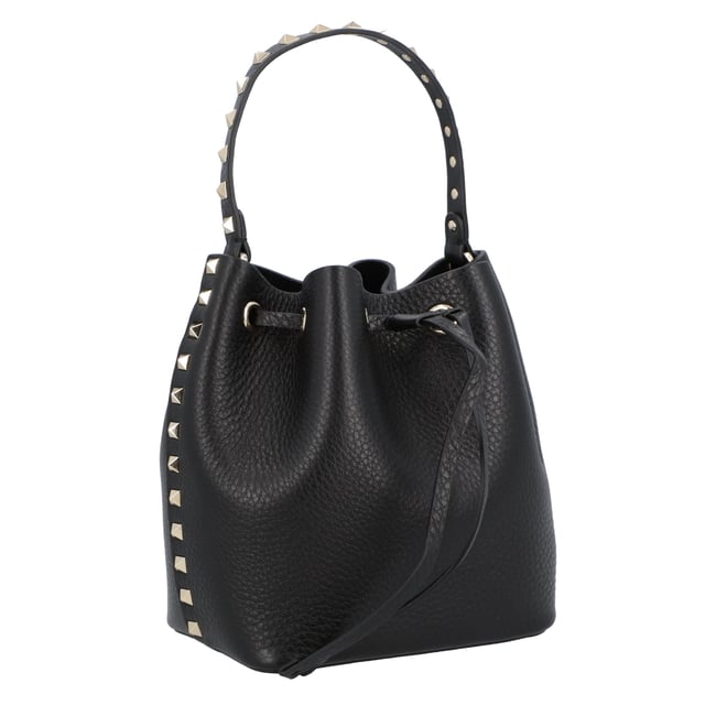 - Bucket bag in black leather
- Top handle
- Removable shoulder strap
- Iconic all-around studs
- Drawstring closure
- Gold logo print on the back
- Main inner compartment
- Made in Italy
- Dimensions: H 18 X W 16 X D 11 CM
- HANDLE DROP: 12 CM
- STRAP DROP: 53 CM Measurments:  width: 110 mm length: 160 mm height: 180 mm strap length: 530 mm handle drop: 120 mm