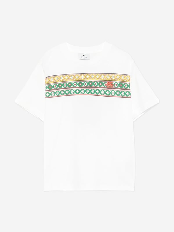 Introducing the Etro Boys Striped Pattern T-Shirt in Ivory a quintessential piece for the SpringSummer 2025 season. Elegantly crafted, this t-shirt integrates classic charm with modern personality, making it an indispensable addition to your boys wardrobe. Discover its exquisite features Refined Stripes Horizontal ivory stripes exude a chic, timeless aesthetic, ensuring your young one remains at the forefront of style. Premium Fabrication Constructed from the finest materials, it promises both luxury and durability. Versatile Elegance Seamlessly transitions from casual outings to more sophisticated events.Enhance your boys collection with this distinguished piece by Etro. Ensure he shines with understated elegance this season.