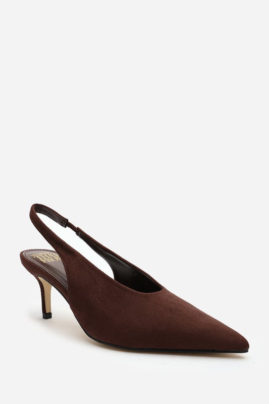 Wheres That From Womens 'Nora' Pointed Slingback Kitten Heels Step out in elegance with these Nora Pointed Slingback Kitten Heels, crafted in soft faux suede for a timeless finish. The pointed toe and low heel create a flattering, feminine silhouette perfect for day-to-night wear. Designed with a comfortable slingback strap, these heels pair effortlessly with dresses, trousers, or tailored sets. Key Features: • Material: Faux suede upper with smooth lining • Design: Pointed toe with slingback and kitten heel • Closure: Slip-on style with elasticated sling strap
