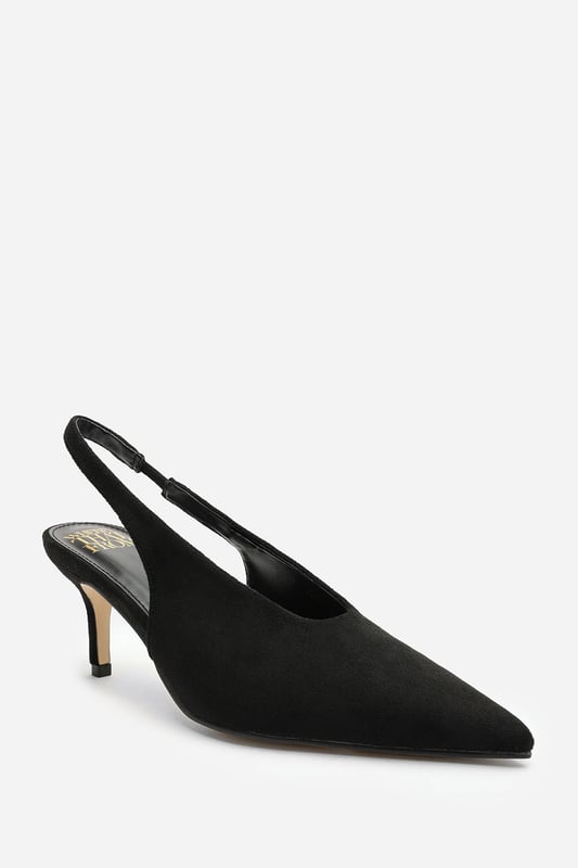 Wheres That From Womens 'Nora' Pointed Slingback Kitten Heels Step out in elegance with these Nora Pointed Slingback Kitten Heels, crafted in soft faux suede for a timeless finish. The pointed toe and low heel create a flattering, feminine silhouette perfect for day-to-night wear. Designed with a comfortable slingback strap, these heels pair effortlessly with dresses, trousers, or tailored sets. Key Features: • Material: Faux suede upper with smooth lining • Design: Pointed toe with slingback and kitten heel • Closure: Slip-on style with elasticated sling strap