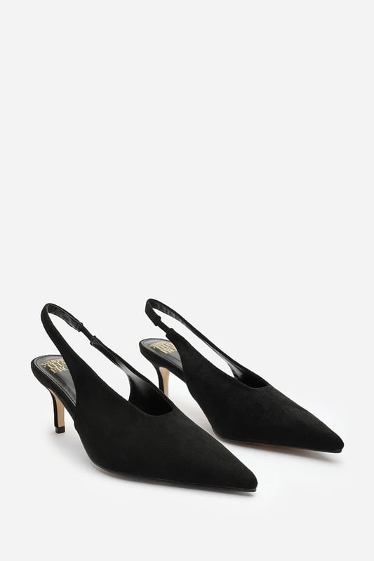 Wheres That From Womens 'Nora' Pointed Slingback Kitten Heels Step out in elegance with these Nora Pointed Slingback Kitten Heels, crafted in soft faux suede for a timeless finish. The pointed toe and low heel create a flattering, feminine silhouette perfect for day-to-night wear. Designed with a comfortable slingback strap, these heels pair effortlessly with dresses, trousers, or tailored sets. Key Features: • Material: Faux suede upper with smooth lining • Design: Pointed toe with slingback and kitten heel • Closure: Slip-on style with elasticated sling strap