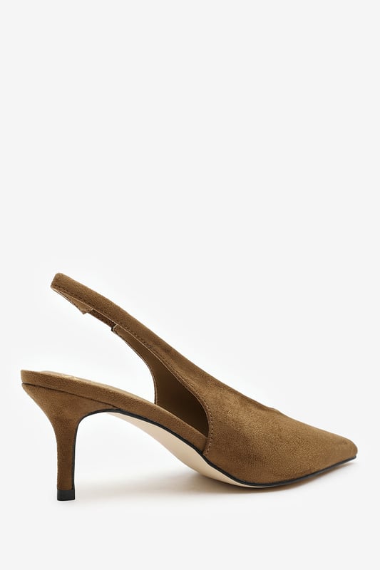 Step out in elegance with these Nora Pointed Slingback Kitten Heels, crafted in soft faux suede for a timeless finish. The pointed toe and low heel create a flattering, feminine silhouette perfect for day-to-night wear. Designed with a comfortable slingback strap, these heels pair effortlessly with dresses, trousers, or tailored sets. Key Features: • Material: Faux suede upper with smooth lining • Design: Pointed toe with slingback and kitten heel • Closure: Slip-on style with elasticated sling strap