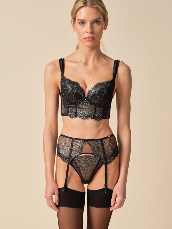 The VIP Intrigue collection is made to captivate with its seductive charm. Crafted from foil-printed stretch eyelash lace, each piece radiates sophistication and elegance. Polished rose gold hardware completes the look with Gossard’s signature touch. For an extra dose of glamour, a black faceted jewel droplet adorns the center front, elevating each piece to a new level of luxury. Pair the VIP lingerie set with the eye-catching black foil printed suspender, the perfect addition to complete the VIP Lingerie set.\r\n