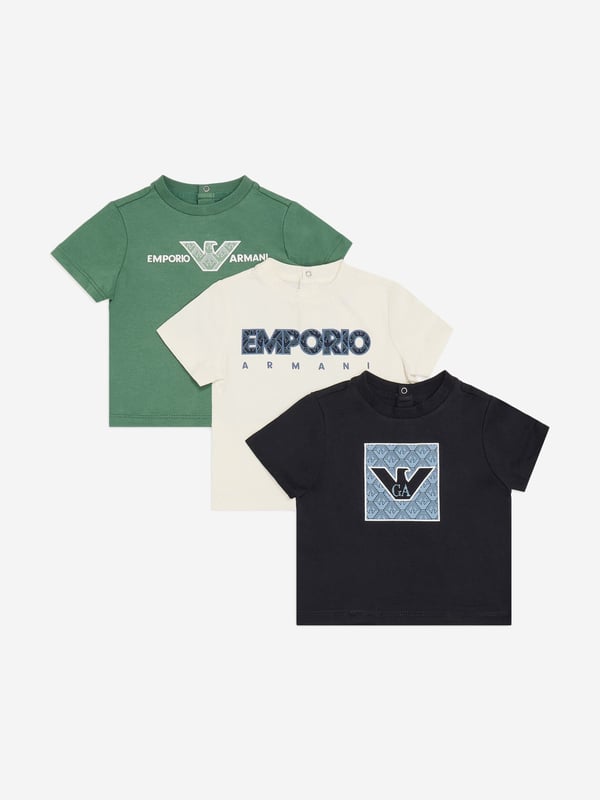 Baby Boys T-Shirt Set (3 Pack) in Navy Introducing the exquisite Baby Boys T-Shirt Set 3 Pack in Navy by Emporio Armani, the pinnacle of style for SS2025. Crafted with discerning attention to detail, this set is an essential addition to any young gentleman's wardrobe. Key features include Classic Navy Hue Elegant and timeless, perfect for versatile styling. Signature Armani Charm Each T-shirt bears the iconic Armani logo, reflecting high-end fashion prestige. Premium Fabric Constructed with soft, breathable cotton to ensure comfort for all-day wear.Enhance your little one's ensemble with a touch of luxury. Order now and redefine boyish charm with Emporio Armani.