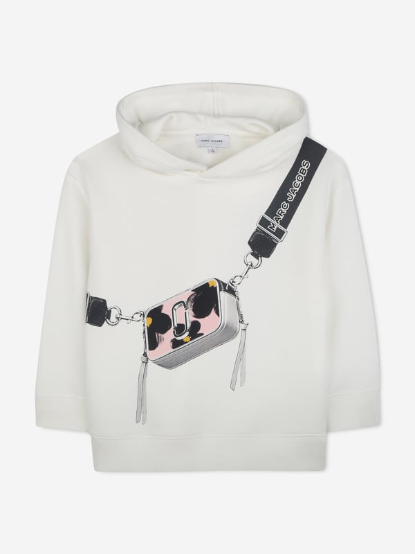 Marc Jacobs project enigmatic detailing and high quality construction into their forward-thinking aesthetics. This girls ivory hoodie is woven in a refined organic cotton blend via beautiful French terry. Features a trompe l'oeil "Snapshot" bag illustration with MARC JACOBS branding and Daisies allover print on the bag. Organic CottonPolyester Long Sleeves Ribbed Trims Green Around 87 Cotton, 13 Polyester