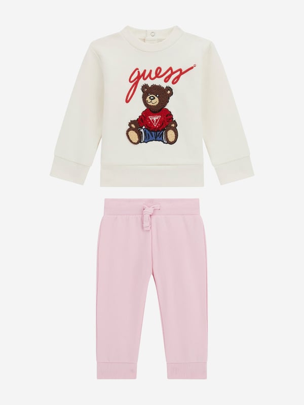 Introducing the illustrious Baby Boys Teddy Bear Tracksuit in Ivory by Guessessential finery for your lad's wardrobe SS2025. This piece blends luxury with playfulness, ideal for his daily jaunts Exquisite Ivory Hue Radiates class and purity, perfect for all occasions. Enchanting Teddy Bear Motif Adds a whimsical charm, making it both chic and delightful. Supreme Comfort Crafted from premium fabrics ensuring softness and comfort for your boy's active hours.Embrace sophistication style with this exclusive ensemble! Invest now in timeless elegance for your little gentleman.
