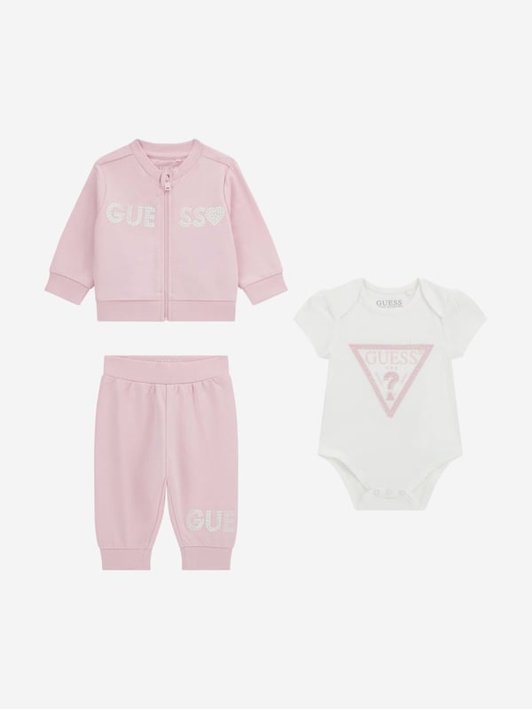 Introducing the exquisite Baby Girls 3 Piece Tracksuit Set in Pink from Guess the epitome of style and comfort for SS2025. Perfectly crafted for your cherished little one, this set ensures they stay at the forefront of baby fashion. Key features include Designer Elegance Signature Guess style in a vibrant pink shade. Luxurious Comfort Soft, premium fabric that pampers delicate skin. Versatile Ensemble Includes matching jacket, top, and joggers. Elevate her wardrobe with timeless sophistication an essential for the playful, stylish set.