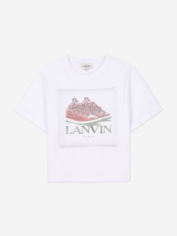 Lanvin project captivating imagery and innovation into their beautifully crafted designs. This girls white t-shirt is engineered in the finest organic cotton jersey. The stunning print and embroidery artwork are inspired by the Curb Basket. Round Neck Short Sleeves Straight Hem 100 Cotton