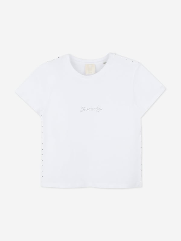 Givenchy incorporate sleek, enigmatic qualities into their lavish French abstracts. This girls white short sleeve t-shirt is a captivating construction made from the finest high quality. Envisioned in organic cotton jersey with rhinestones on the shoulders and sides. The casual statement piece is signified by Givenchy rhinestones on the front. Round Neck Green Around 100 Cotton