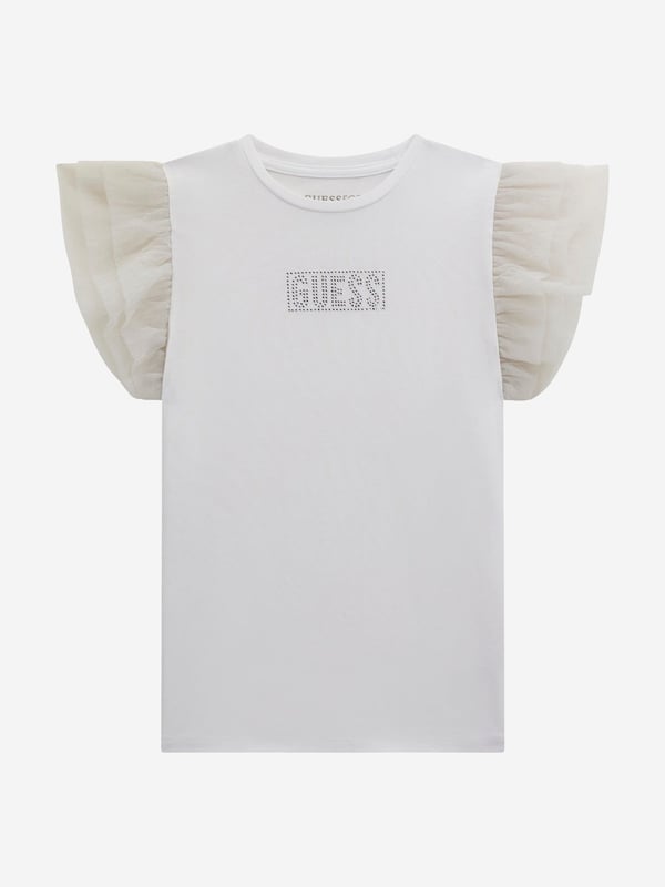 Girls Tulle Sleeve T-Shirt in White Introducing the exquisite Girls Tulle Sleeve T-Shirt in White by Guess, a quintessential addition to your little one's wardrobe for SS2025. Blending elegance with modern flair, this t-shirt is a must-have. Key features include Elegant Tulle Sleeves Delicate and airy, perfect for stylish comfort. Premium Quality Crafted from superior materials ensuring durability and softness. Versatile Charm Ideal for both special occasions and casual outings. Elevate your girl's fashion game with this chic, unmissable piece. Order now!