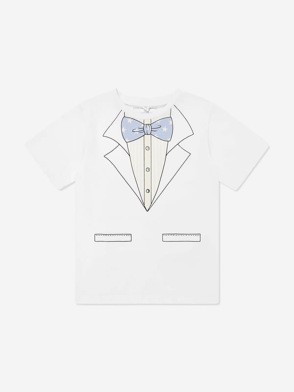 Introducing the Stella McCartney Boys Suit Print T-Shirt in White - a quintessential addition to any young gent's SS2025 wardrobe. Exquisitely designed to blend high-fashion with everyday practicality, this piece is a must-have. Key features include Chic Suit Print Adds a dash of sartorial elegance to casual wear, perfect for making a stylish statement. Supreme Comfort Crafted from the finest fabrics to ensure all-day ease and durability for youthful exploits.Elevate your young one's style with this iconic Stella McCartney creation. Perfect for any occasion!