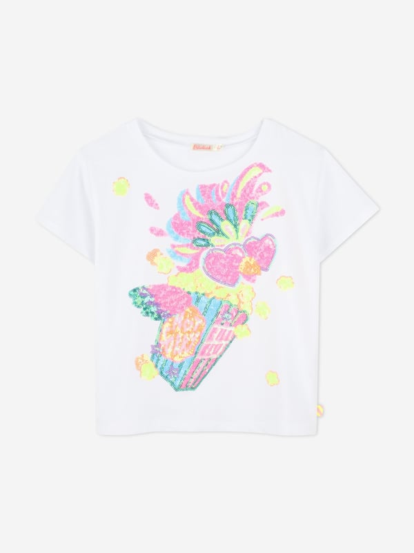 Billieblush apply a mischievous and quirky sensibility to their aesthetic portraits. This girls white short sleeve t-shirt embodies the label's passion for fun and eccentric fits. Engineered in soft cotton jersey. It features a vibrant popcorn and heart design, embellished with colourful sequins on the front. Round Neck Short Sleeves 100 Cotton Machine Wash 30C