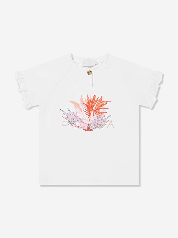 Girls Embroidered Logo T-Shirt in White German heritage luxury label Escada combine modern innovation with timeless elegance. This girls bright white t-shirt is a captivating construction. It features the iconic motif in a glitter effect with press-stud fastenings. Round Collar Short Sleeves Straight Hem 95 Cotton, 5 Elastane
