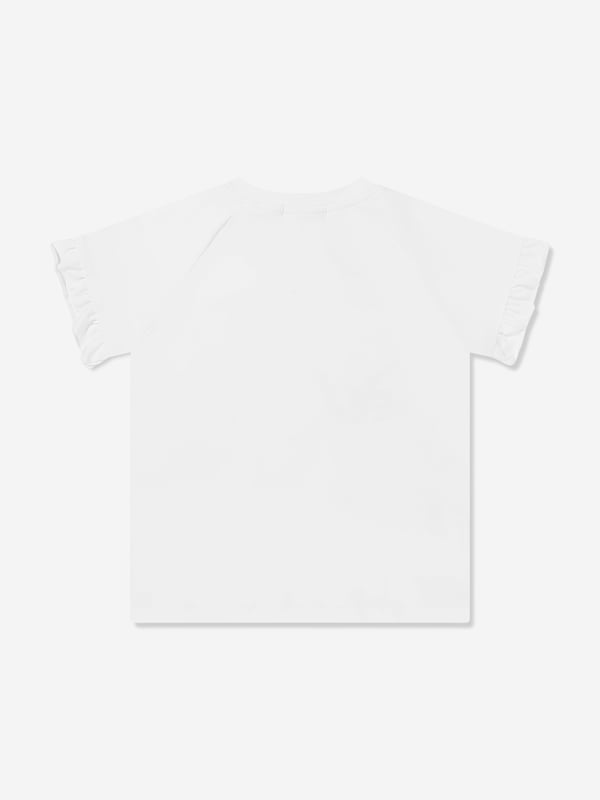 Girls Embroidered Logo T-Shirt in White German heritage luxury label Escada combine modern innovation with timeless elegance. This girls bright white t-shirt is a captivating construction. It features the iconic motif in a glitter effect with press-stud fastenings. Round Collar Short Sleeves Straight Hem 95 Cotton, 5 Elastane