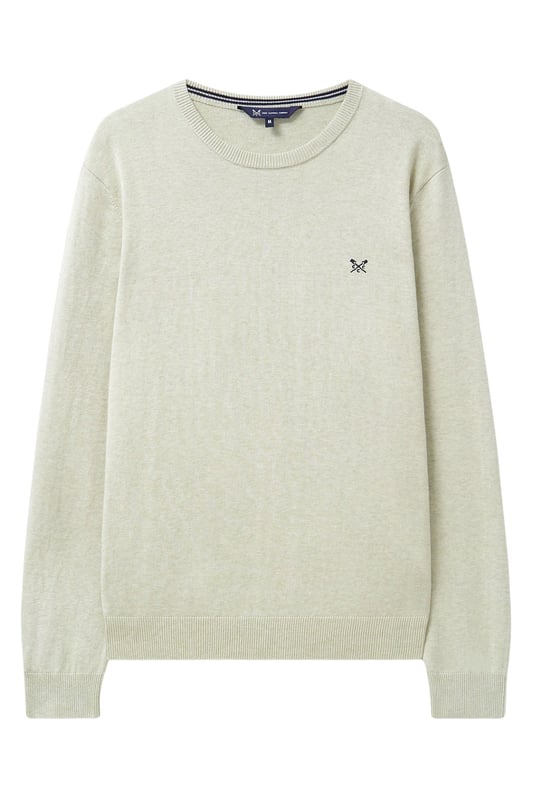 A crew neck jumper in white marl. This jumper is ideal for layering over a tee or shirt. The crossed oars embroidery finishes it off neatly.

28" Shoulder to Hem.