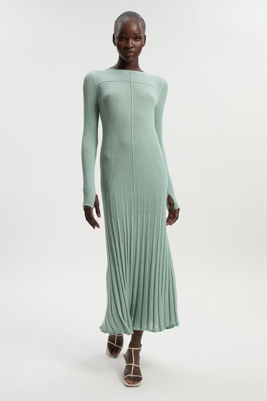 Petite Drapey Sheer Rib Knitted Midi Dress