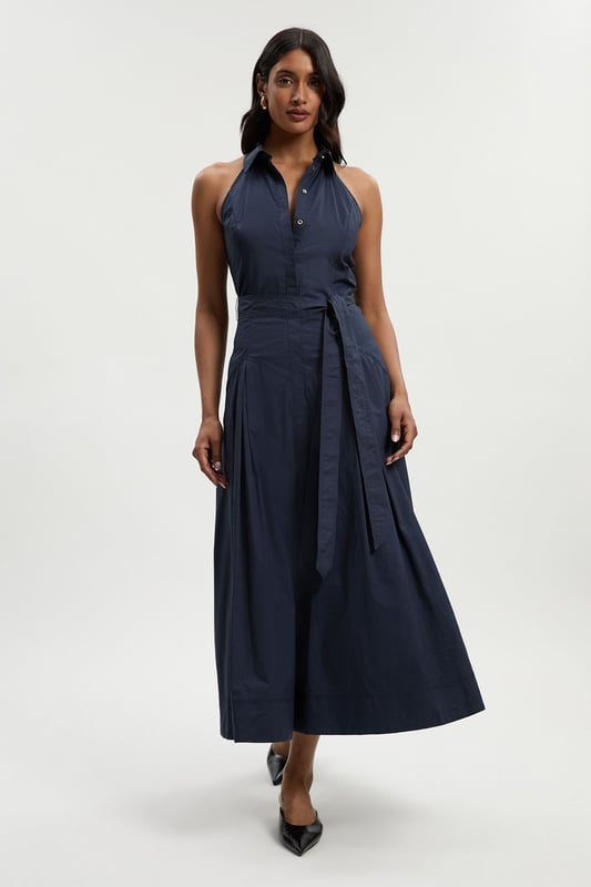 Cotton Collared Halter Neck Woven Midi Shirt Dress With Dropped Waist Detail