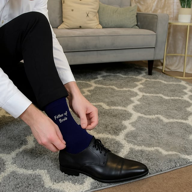 Sock Snob - 1 Pack Mens Wedding Socks: Add a touch of elegance to your wedding day with the Sock Snob 1 Pack Mens Wedding Socks. Designed specifically for key members of the wedding party, these socks are available with personalized labels for Groomsman, Groom, Father of the Groom, Father of the Bride, and Best Man. Choose from classic Navy or Black to perfectly complement your wedding attire. Sized to fit 6-11, these socks provide comfort and style for all-day wear. Made from high-quality, breathable fabric, these socks ensure a soft and luxurious feel, making them ideal for long hours of celebration. Whether you're walking down the aisle, posing for photos, or dancing the night away, these socks are crafted for durability and elegance. These socks also make for a meaningful gift, allowing you to honor the important men in your life with a keepsake they’ll cherish. The timeless design and personalized touch make them suitable for weddings, formal events, or as a thoughtful gesture. Extra Product Details: Styles: Groomsman, Groom, Father of the Groom, Father of the Bride, Best Man Colours: Navy, Black Sizes: 6-11 Material: High-quality, breathable fabric Includes: 1 pair of wedding socks Machine washable for easy care. Elegant, practical, and timeless, Sock Snob Wedding Socks are the perfect choice for your special day. Celebrate in comfort and style while creating lasting memories with these premium socks.