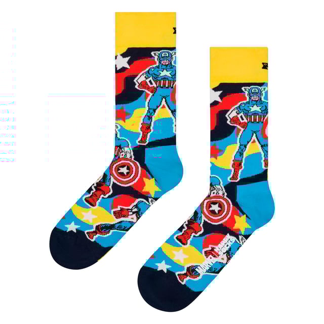 Happy Socks - Marvel Captain America Crew Socks: Step into the world of Marvel with the Captain America Crew Sock, a perfect tribute to the iconic superhero. Featuring a bold design inspired by Captain America’s shield, these socks are a must-have for Marvel fans. Crafted from a comfortable blend of organic cotton, polyamide, and elastane, they offer a snug fit that ensures all-day comfort. The reinforced heel and toe provide added durability, making them perfect for everyday wear. Whether you’re heading to the gym, running errands, or just lounging at home, these socks are designed to keep your feet cozy while showcasing your Marvel pride. Available in size 6-11, they offer a versatile fit for most foot sizes. . These Captain America socks are more than just a practical accessory—they’re a statement piece for Marvel enthusiasts. Add them to your collection or gift them to a fellow superhero fan. Perfect for any occasion, they combine comfort, style, and a love for Marvel heroes. Extra Product Details: Material: 73% Cotton, 25% Polyamide, 2% Elastane Size: 6-11 Design: Captain America shield theme Reinforced heel & toe for durability Care: Machine washable Ideal for: Marvel fans and superhero lovers. Embrace your Marvel spirit with these durable, stylish, and comfortable socks, perfect for everyday wear and a great addition to any Marvel collection!
