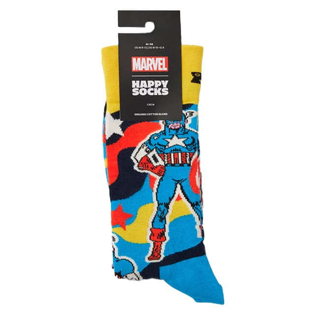 Happy Socks - Marvel Captain America Crew Socks: Step into the world of Marvel with the Captain America Crew Sock, a perfect tribute to the iconic superhero. Featuring a bold design inspired by Captain America’s shield, these socks are a must-have for Marvel fans. Crafted from a comfortable blend of organic cotton, polyamide, and elastane, they offer a snug fit that ensures all-day comfort. The reinforced heel and toe provide added durability, making them perfect for everyday wear. Whether you’re heading to the gym, running errands, or just lounging at home, these socks are designed to keep your feet cozy while showcasing your Marvel pride. Available in size 6-11, they offer a versatile fit for most foot sizes. . These Captain America socks are more than just a practical accessory—they’re a statement piece for Marvel enthusiasts. Add them to your collection or gift them to a fellow superhero fan. Perfect for any occasion, they combine comfort, style, and a love for Marvel heroes. Extra Product Details: Material: 73% Cotton, 25% Polyamide, 2% Elastane Size: 6-11 Design: Captain America shield theme Reinforced heel & toe for durability Care: Machine washable Ideal for: Marvel fans and superhero lovers. Embrace your Marvel spirit with these durable, stylish, and comfortable socks, perfect for everyday wear and a great addition to any Marvel collection!