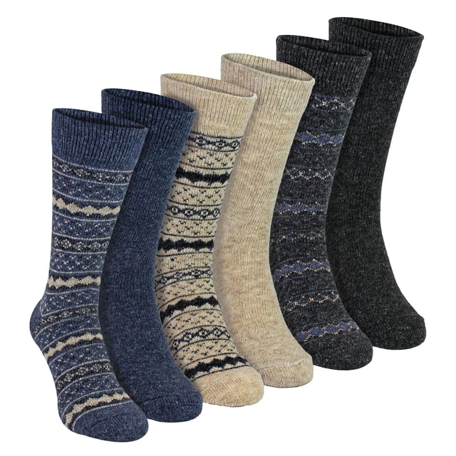 6 Pack Mens Alpaca Boot Socks- Assorted: Stay warm and comfortable with this 6 Pack of Mens Alpaca Boot Socks, designed for superior insulation and softness. Made from a high-quality alpaca blend, these socks provide excellent warmth while remaining breathable, ensuring your feet stay cosy without overheating. Perfect for wearing with boots, these socks offer a cushioned feel for all-day comfort. Each pack includes six pairs of assorted-colour boot socks, giving you a variety of stylish options. Designed to fit sizes 6-11, they provide a flexible fit that adapts to different foot shapes. The ribbed cuffs ensure a secure fit without being too tight, making them ideal for outdoor adventures or everyday wear. Whether you're hiking, working outdoors, or just need extra warmth in colder months, these alpaca boot socks are a must-have. Their durable construction ensures long-lasting comfort, making them a reliable choice for any season. Extra Product Details: Material: Premium alpaca blend Sizes: 6-11 Colours: Assorted Includes: 6 pairs of boot socks Ribbed cuffs for a secure fit Ideal for boots and outdoor wear Machine washable. Perfect for keeping feet warm, comfortable, and supported in any weather.
