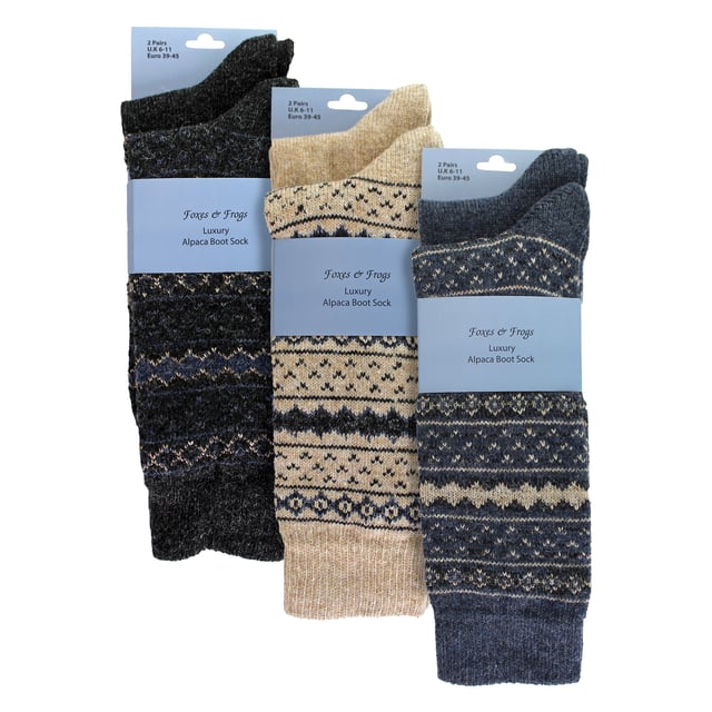 6 Pack Mens Alpaca Boot Socks- Assorted: Stay warm and comfortable with this 6 Pack of Mens Alpaca Boot Socks, designed for superior insulation and softness. Made from a high-quality alpaca blend, these socks provide excellent warmth while remaining breathable, ensuring your feet stay cosy without overheating. Perfect for wearing with boots, these socks offer a cushioned feel for all-day comfort. Each pack includes six pairs of assorted-colour boot socks, giving you a variety of stylish options. Designed to fit sizes 6-11, they provide a flexible fit that adapts to different foot shapes. The ribbed cuffs ensure a secure fit without being too tight, making them ideal for outdoor adventures or everyday wear. Whether you're hiking, working outdoors, or just need extra warmth in colder months, these alpaca boot socks are a must-have. Their durable construction ensures long-lasting comfort, making them a reliable choice for any season. Extra Product Details: Material: Premium alpaca blend Sizes: 6-11 Colours: Assorted Includes: 6 pairs of boot socks Ribbed cuffs for a secure fit Ideal for boots and outdoor wear Machine washable. Perfect for keeping feet warm, comfortable, and supported in any weather.