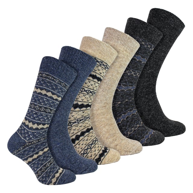 6 Pack Mens Alpaca Boot Socks- Assorted: Stay warm and comfortable with this 6 Pack of Mens Alpaca Boot Socks, designed for superior insulation and softness. Made from a high-quality alpaca blend, these socks provide excellent warmth while remaining breathable, ensuring your feet stay cosy without overheating. Perfect for wearing with boots, these socks offer a cushioned feel for all-day comfort. Each pack includes six pairs of assorted-colour boot socks, giving you a variety of stylish options. Designed to fit sizes 6-11, they provide a flexible fit that adapts to different foot shapes. The ribbed cuffs ensure a secure fit without being too tight, making them ideal for outdoor adventures or everyday wear. Whether you're hiking, working outdoors, or just need extra warmth in colder months, these alpaca boot socks are a must-have. Their durable construction ensures long-lasting comfort, making them a reliable choice for any season. Extra Product Details: Material: Premium alpaca blend Sizes: 6-11 Colours: Assorted Includes: 6 pairs of boot socks Ribbed cuffs for a secure fit Ideal for boots and outdoor wear Machine washable. Perfect for keeping feet warm, comfortable, and supported in any weather.
