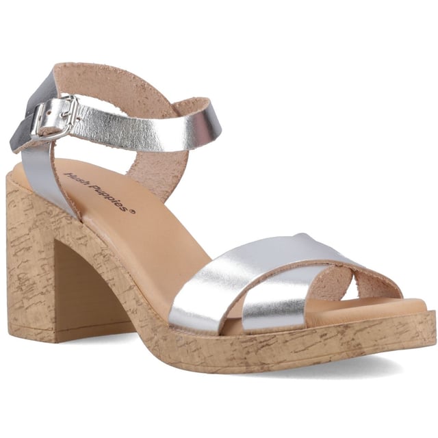 Hush Puppies Georgia Cork Leather Women's Silver Sandals A classic with a twist! Our iconic Georgia heeled sandal now with a cork effect outsole, crafted from soft premium leather and featuring a soft leather lining, and an extra padded leather sock for ultimate comfort